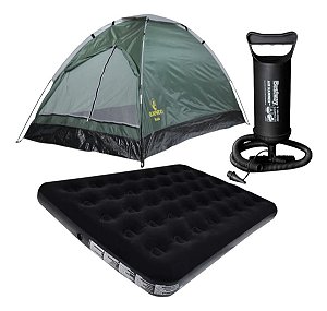 Kit Barraca Camping 3 Lugares C/ Colchão Casal Deluxe Acampamento + Inflador