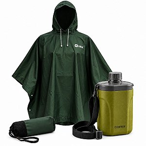 Kit Capa de Chuva Cantil Termico 1l Poncho Impermeavel Camping Trilha Pesca
