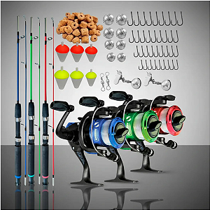 Kit Pesca Completo 3 Varas 1,20m 6 kg 3 Molinetes + Acessórios