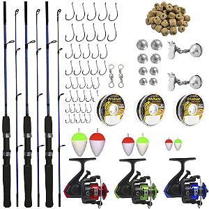 Kit Pesca Completo 3 Varas 1,20m 6 kg 3 Molinetes + Acessórios