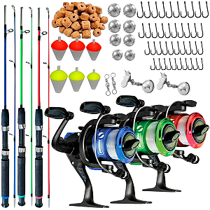 Kit Pesca Completo 3 Varas 1,20m 6 kg 3 Molinetes + Acessórios