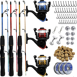 Kit Pesca Completo 3 Varas 1,20m 10kg + 3 Molinetes + Acessórios
