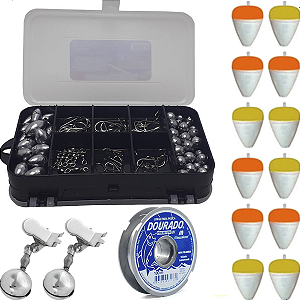Kit Chumbada Anzol Giradores Boias Linha e Sinos