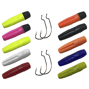 Kit 10pçs Isca Artificial Charutinho + 4pçs Anzol OffSet