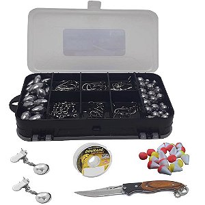 Kit Pesca Estojo Anzol Chumbada Linha Boias e Canivete