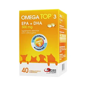 Omega Top 3 C/ 40 Cáp. Moles Saborosas 500mg P/ Cães E Gatos