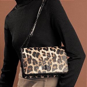 Bolsa Pequena Estampa Animal Print Onça Alça Transversal Corrente