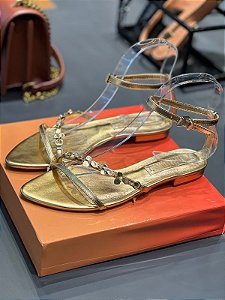 Rasteira Bico Fino Couro Confort Metalicc Ouro