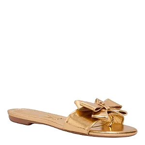 Rasteira Flat Metalizada Dourada Laço
