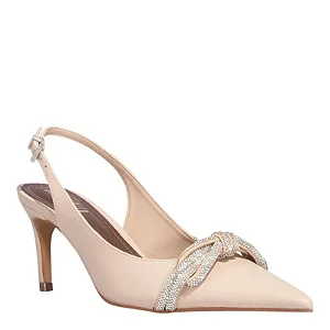 Scarpin Slingback Couro Confort Brilho Strass Off White