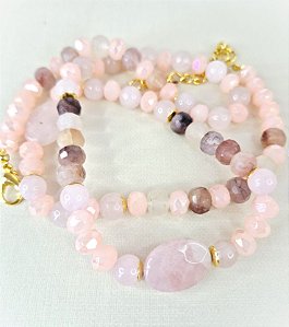Colar de Pedra Natural Quartzo Rosa, Pedra da Lua Facetada e banhado em Ouro 18K