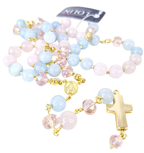 Terço Colar de Pedra Natural Quartzo Rosa e Quartzo Azul banhado em Ouro 18K Nossa Senhora das Graças