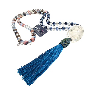Colar Japamala Pedra Natural Rodonita com Cristais Azul