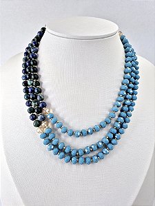 Colar Triplo Pedra Natural Azurita com Cristais e banho Ouro 18K