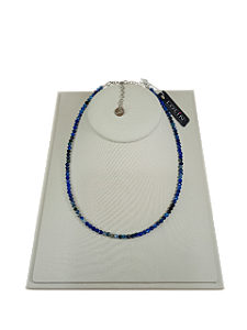 Colar Chocker de Pedra Natural Cianita Azul banhado em Ouro Branco