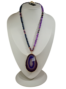 Colar de Pedra Natural Ametista com Pingente em ágata Roxa e Azul