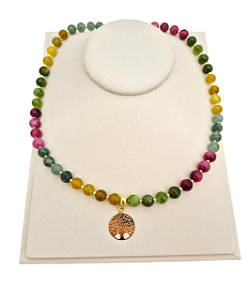 Colar de Pedra Natural Ágata Multicolor Melancia com Pingente Árvore banhado em Ouro 18K