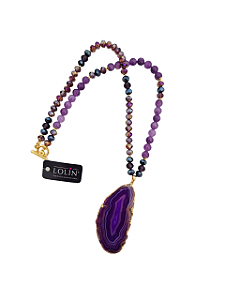 Colar de Pedra Natural Ametista com Pingente em ágata Roxa banho em ouro