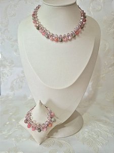 Conjunto Colar e Pulseira em Pedra Natural Ágata Multicolor banhado em Ouro