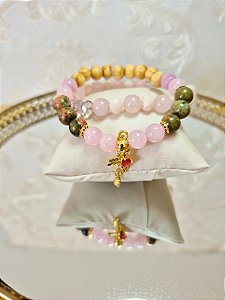 Conjunto Pulseira Quartzo Rosa, Unakita e pingente Beija Flor (pulseira elástica)
