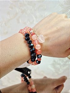 Conjunto Pulseira Quartzo Rosa e pingente Coração Quartzo (pulseira elástica)