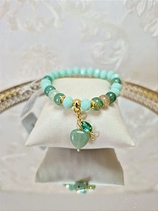 Pulseira Quartzo Verde e pingente Coração Quartzo Verde e zircônia (pulseira elástica)