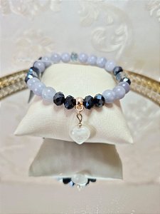 Pulseira Pedra Natural Água Marinha e pingente Coração Quartzo (pulseira elástica)