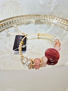 Pulseira Macramê Pedra Natural Quartzo Rosa e Ágata