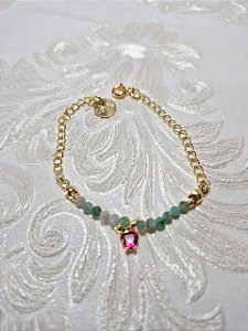 Pulseira Infantil com fecho Pedra Natural Esmeralda banhado em Ouro 18K e pingente Beija Flor