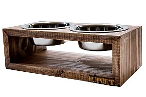 Comedouro duplo de madeira com ootes Inox para gatos e cachorros