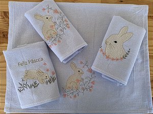 Kit 4 Panos de Prato Bordado Coelhos Jardim