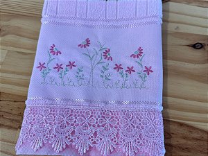 Toalha de Lavabo Rosa Bordada Flores Guipir Rosa