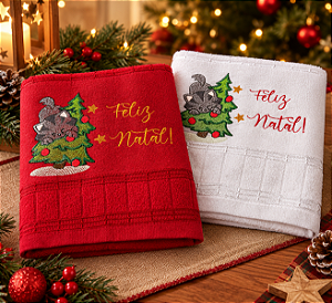 Toalha de Rosto Bordada de Natal Gatinho Árvore