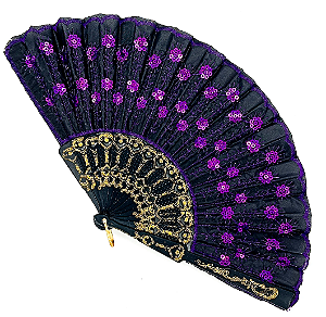 Leque Simples Cigana Paetê e Renda - Roxo/ Preto