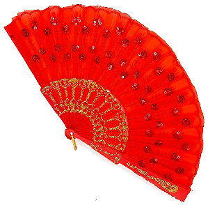 Leque Simples Cigana Paetê e Renda - Vermelho ***PROMOCIONAL ***