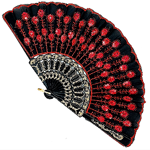 Leque Simples Cigana Paetê e Renda - Preto/ Vermelho