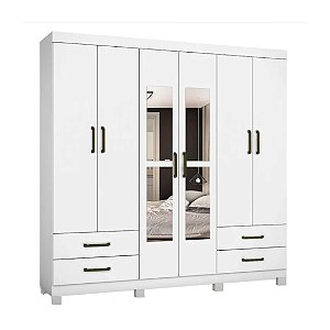 Roupeiro Guarda-Roupa Hercules Branco 6P4G c/ Espelho e Pés 1,77m