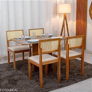 Mesa de Jantar Salina 120x80 c/ 4 Cad. Telinha Santorini Linho Bege Madeira Maciça