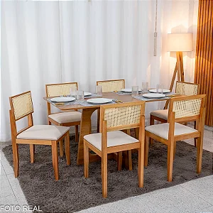 Mesa de Jantar Dubai 160x80  c/ 6 Cad. Telinha Santorini Linho Bege Madeira Maciça