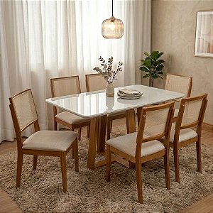 Mesa de Jantar Pedro 160x80 + 6 Cadeiras Dubai Telinha Linho Bege