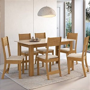 Mesa de Jantar Atlanta 150x76 + 6 Cadeiras Karla Linho Bege - 100% MDF
