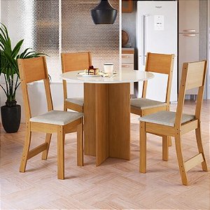 Mesa de Jantar Redonda Alice 90 + 4 Cadeiras Linho Bege