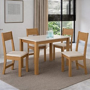 Mesa de Jantar Atlanta 108x68 + 4 Cadeiras Karla Linho Bege