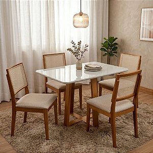 Mesa de Jantar Pedro 120x80 + 4 Cadeiras Dubai Telinha Linho Bege