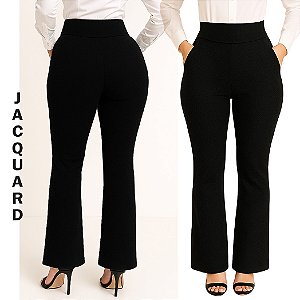 Calça social preta feminina bolsos, do P até o plus size 64/66, tecido jacquard