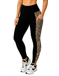 Calça Legging bolsos preta/onça do P ao Plus Size (64/66), cintura alta, tecido suplex grosso