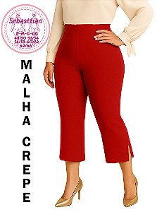 Calça Capri/Pantacourt fenda vermelha bolsos, do P até o plus size 60/62, cintura alta, crepe de malha