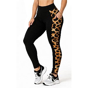 Calça Legging bolsos preta/onça do P ao Plus Size 52/54, cintura alta, tecido suplex grosso
