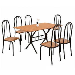 Mesa de Jantar Teixeira Cabo Frio Retangular 140cm Tampo Madeira 6 Cadeiras Ubatuba Preto Fosco/Jambo