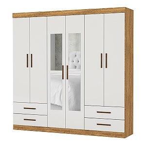 Guarda Roupas Carioca Hercules 6 Portas 4 Gavetas 2,00m x 1,77m x 0,47m com Espelho Com Pés Cinamomo com Off White
